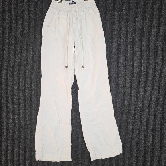 Beau Dawson Pants - Beau Dawson White Linen Blend Smocked Waist Wide Leg Pants M2584AVB-OP Small